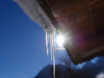 Low angle view of icicles against sky during winter