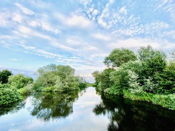 Reflection of trees in lake against sky