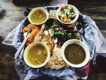 High angle view of food served on table