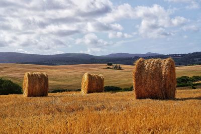 Hay bales on field against sky, tuscany, italy 