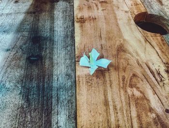 High angle view of paper wood on wooden table