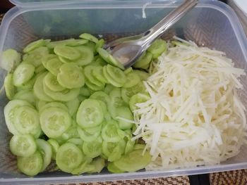 High angle view of chopped vegetables in bowl