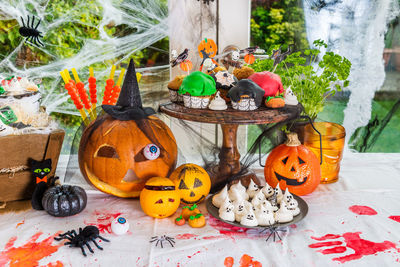 High angle view of various pumpkins on table