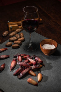 High angle view of wine glasses on table