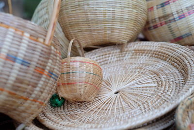 High angle view of wicker baskets for sale in market