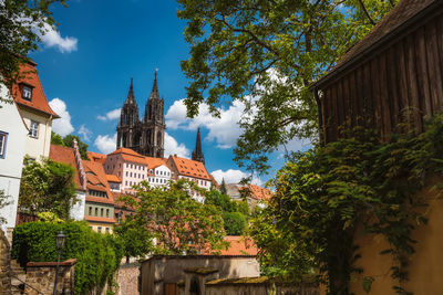 Low angle view of trees and buildings against sky