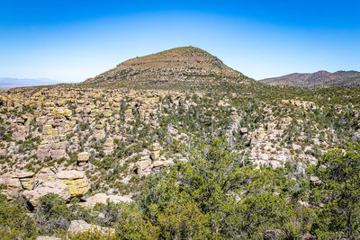 Scenic view of rocky mountains against clear blue sky