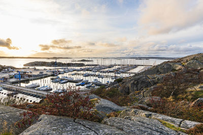 View of marina at sunset