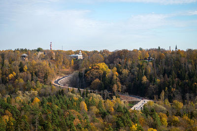 Aerial view from krimulda to the valley of the gauja national park, the river gauja, bridge and road