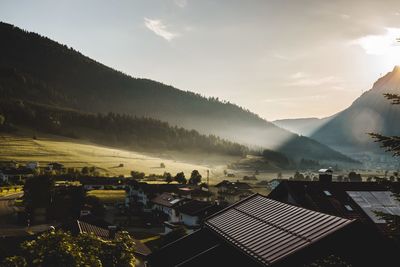 High angle view of mountain against sky during sunset