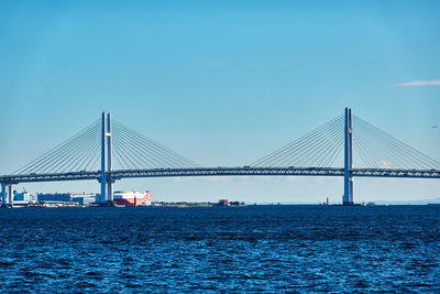 View of suspension bridge over sea