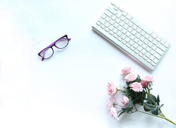 High angle view of pink flowers on table