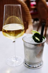 Close-up of beer in glass on table