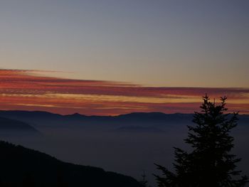 Scenic view of silhouette mountains against sky at sunset