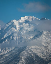 Aerial view of snowcapped mountains against sky