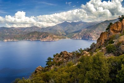 Scenic view of mountains against cloudy sky