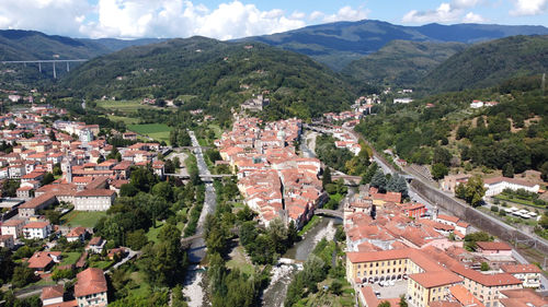 High angle view of buildings in town