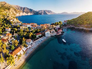 High angle view of town by sea