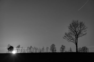 Silhouette bare trees on field against sky at night