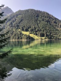 Scenic view of lake by trees against sky