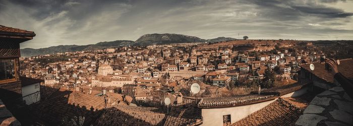 High angle shot of townscape against sky