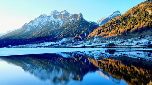 Idyllic shot of mountains reflection in lake against sky