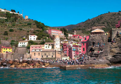 Scenic view of sea against clear blue sky