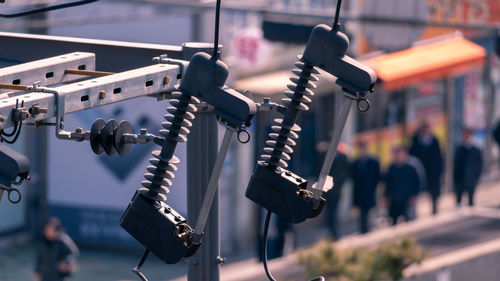 Close-up of electricity pylon outdoors