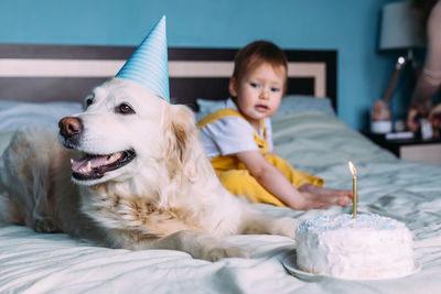 Boy with dog sitting at home