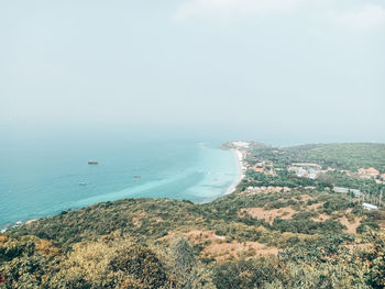High angle view of bay against sky