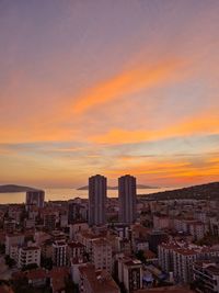 Aerial view of cityscape against sky during sunset