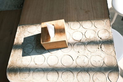 High angle view of text on table