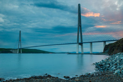 View of suspension bridge against cloudy sky