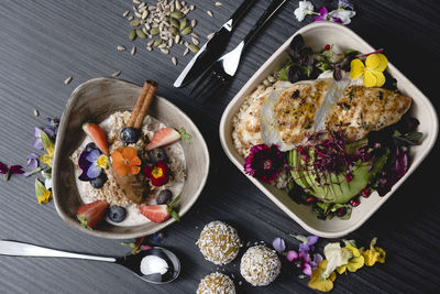 High angle view of meal served on table