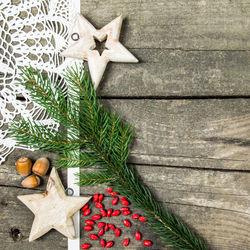 High angle view of christmas decoration on wooden table