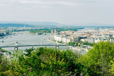High angle view of river by city against sky