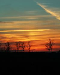 Silhouette bare trees on landscape against sky during sunset