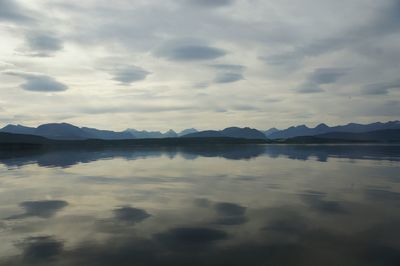 Scenic view of lake against cloudy sky