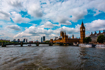 City at waterfront against cloudy sky