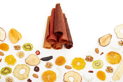 Close-up of cookies against white background