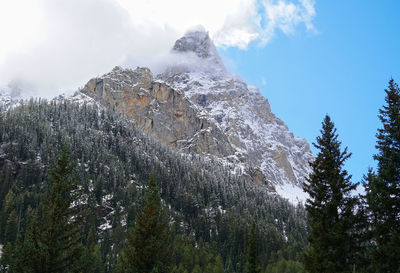 Low angle view of snowcapped mountains against sky