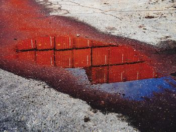 High angle view of puddle on road