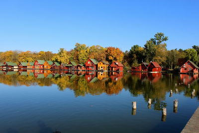 Scenic view of lake by trees against clear blue sky