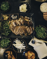 High angle view of food served on table