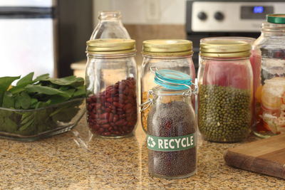 Close-up of food in jars on table