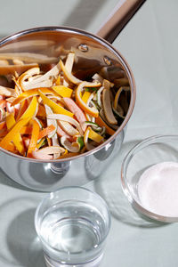 High angle view of noodles in bowl on table