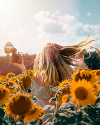 Close-up of sunflower on plant against sky