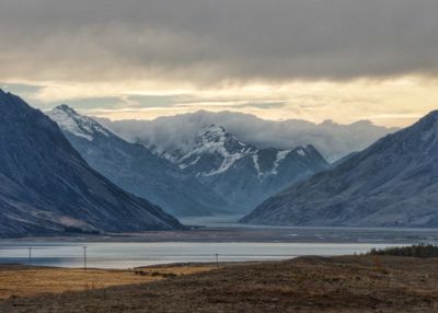 Scenic view of lake against cloudy sky