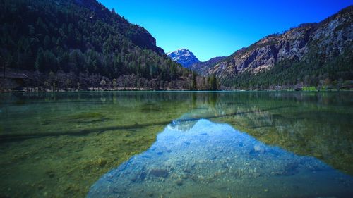 Scenic view of lake and mountains against sky