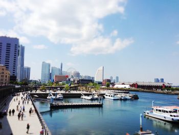 Tilt-shift image of harbor with cityscape in background